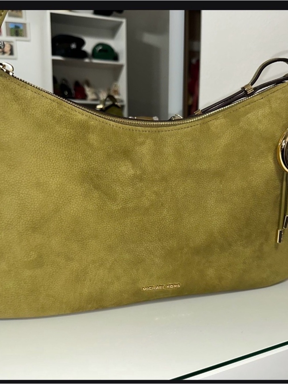 Michael Kors Olive Green Suede Shoulder Bag with Gold Hardware